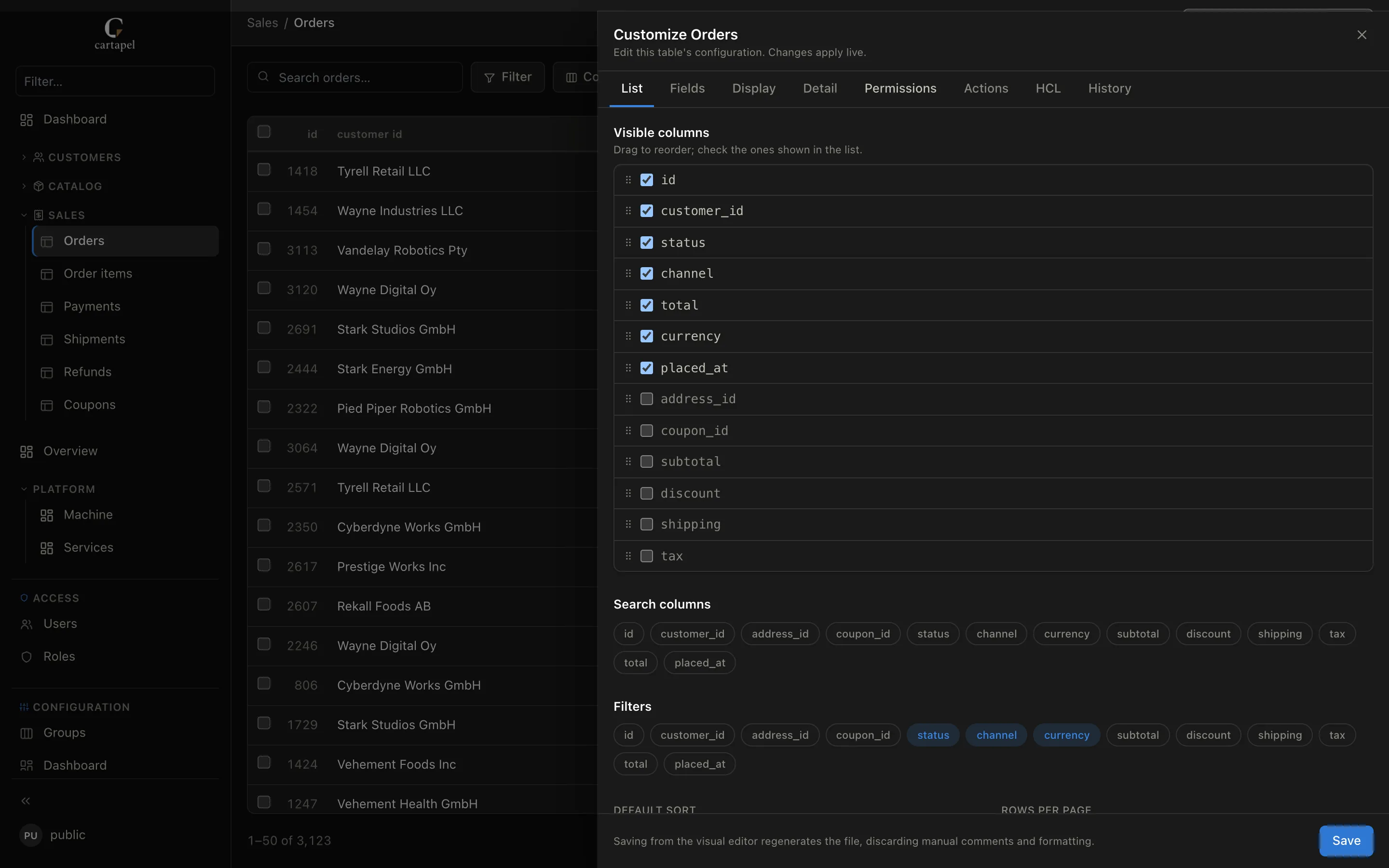 The Customize drawer in cartapel: visible columns, search columns and filters edited by clicking