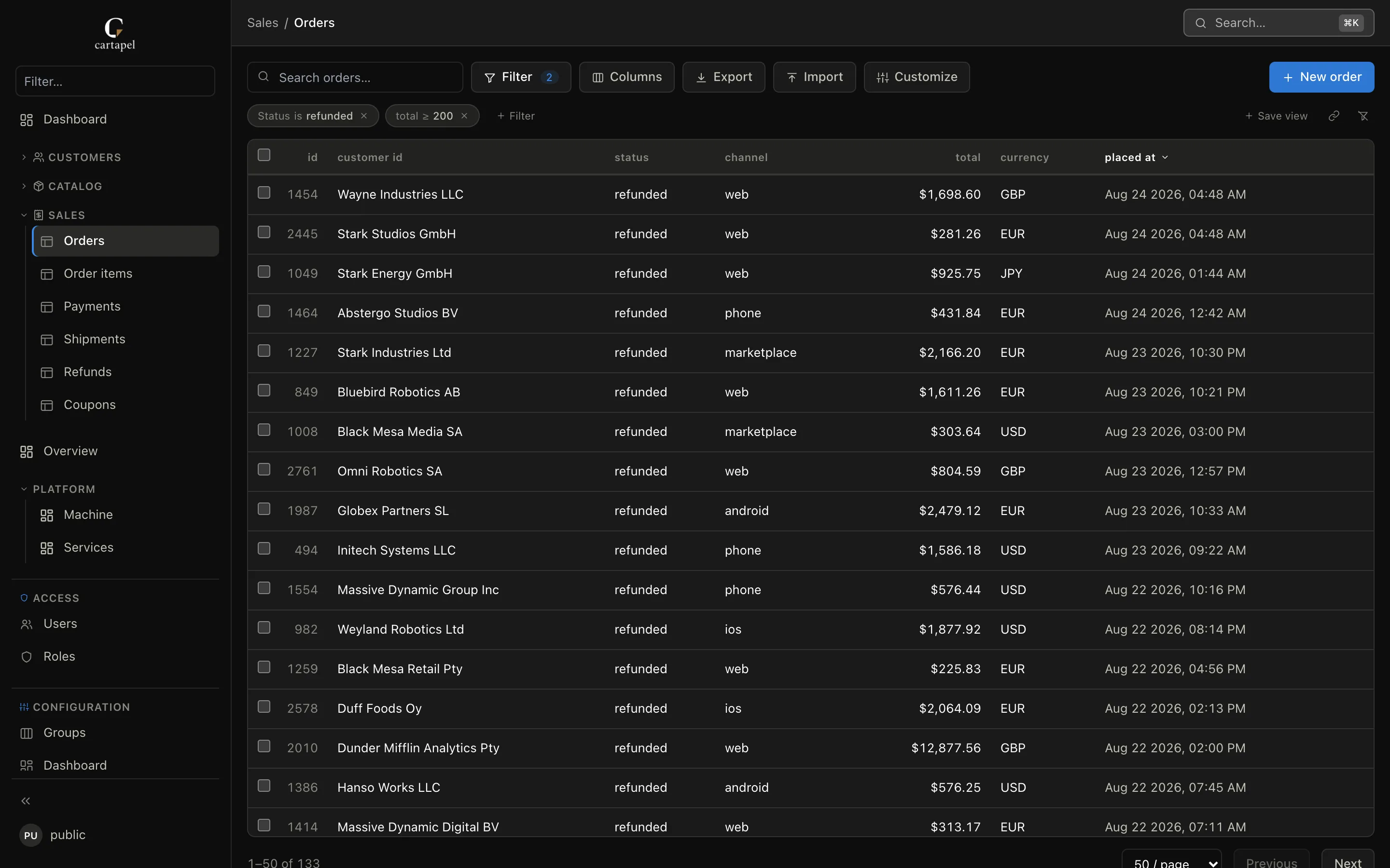 cartapel list view: an introspected orders table with two filter chips applied, saved views, search, export and inline editing