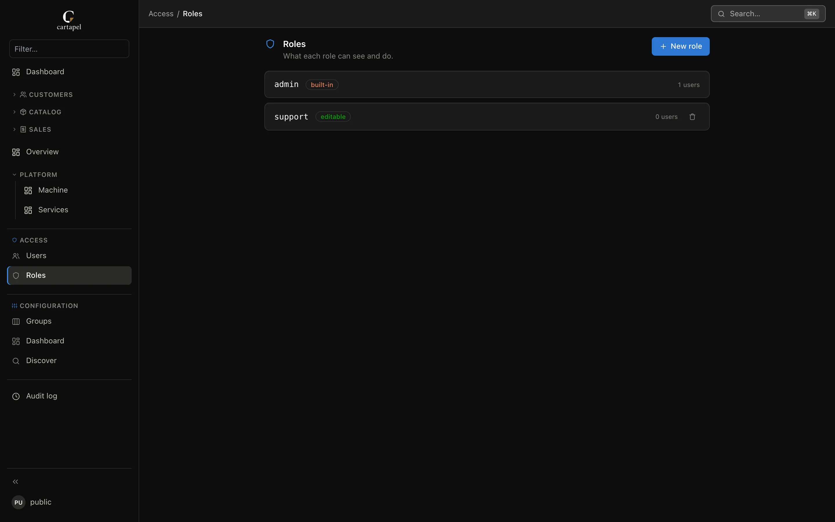 The roles screen in cartapel, listing roles with their table and column permissions